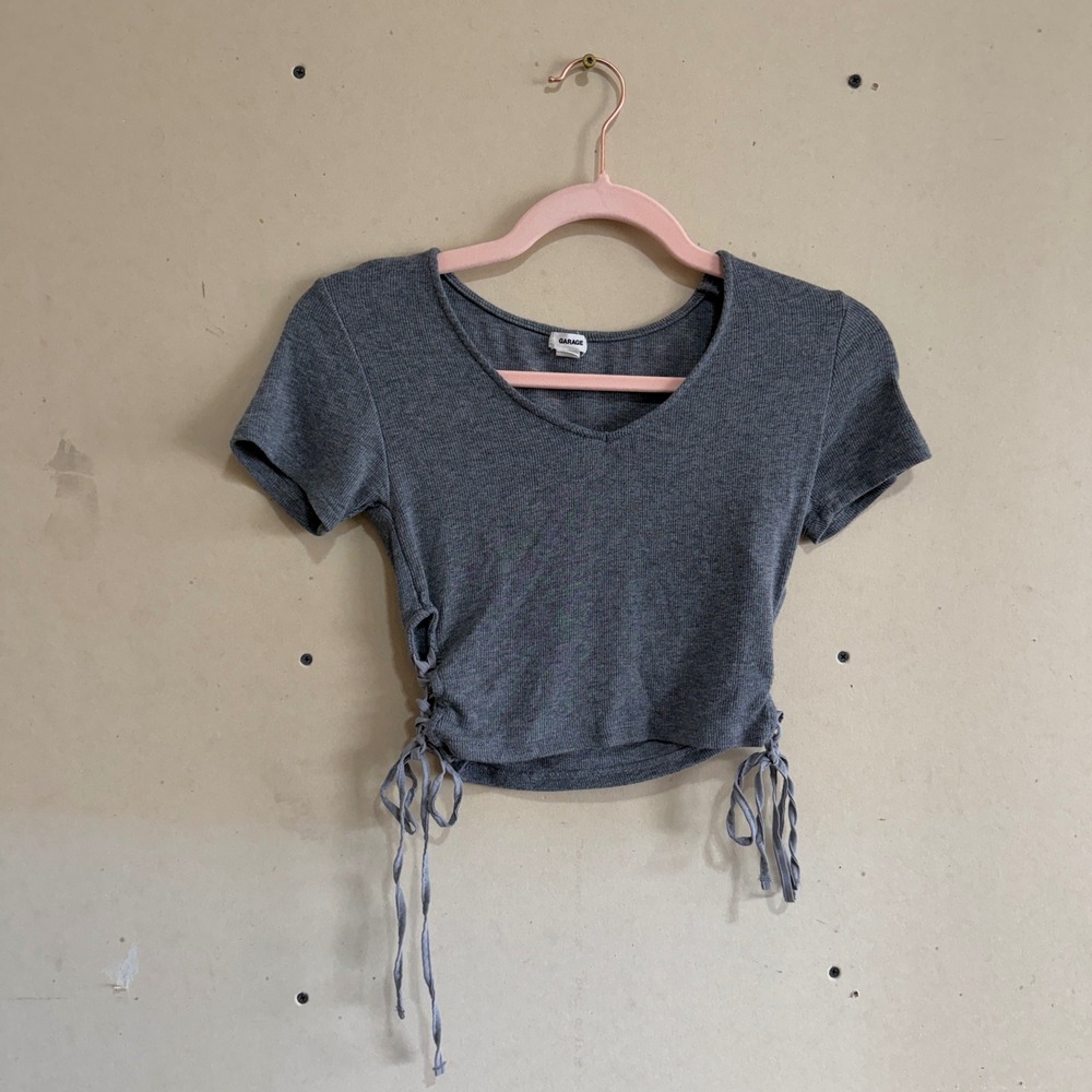 Garage Womens Grey Ribbed Lace Up Side Crop Top V-Neck Short Sleeve Small